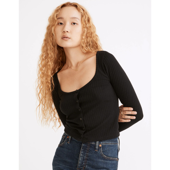 Madewell Sweaters - Madewell Ribbed Cardigan Crop Tee Button Down Scoop Neck True Black Large